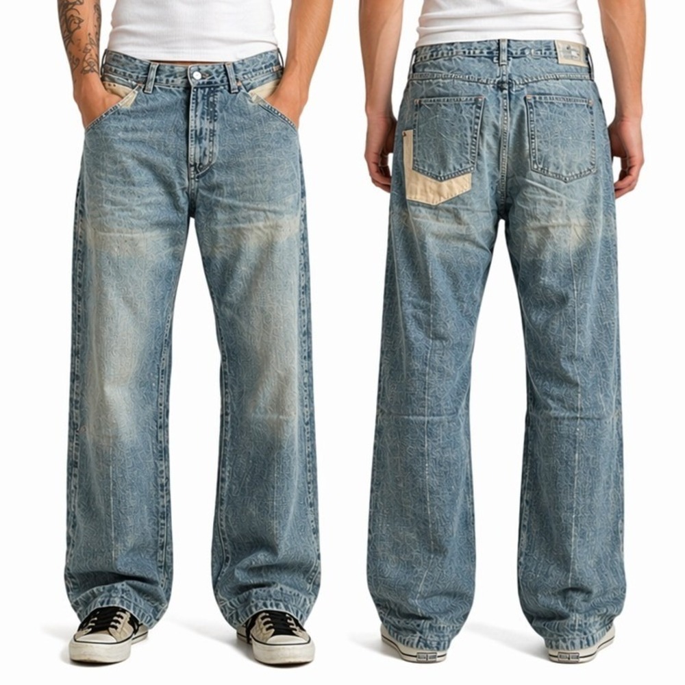Azzure Jean Mens 34x34 Blue Slub Denim Contrast Pocket Y2K Baggy Hip Hop Jeans